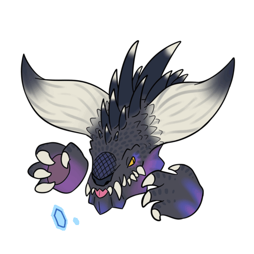 The head and front paws of a black, purple and pink dragon with large white horns and many spikes, with a stylised ice crystal symbol