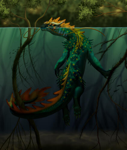 A crocodile-like blue leviathan with yellow frills in a mangrove swamp, from beneath the waters surface