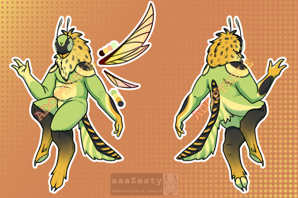 A green, yellow, and black anthro wasp