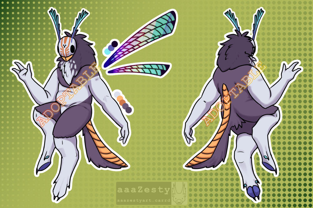 A purple, white, and orange anthro wasp