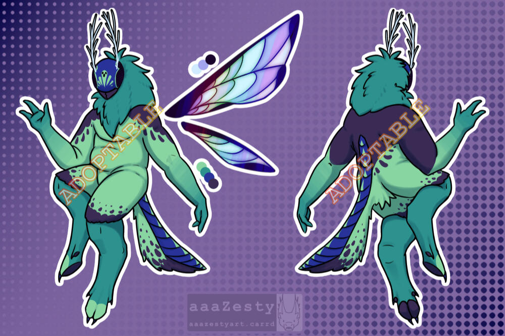 A blue, green, and purple coloured anthro wasp