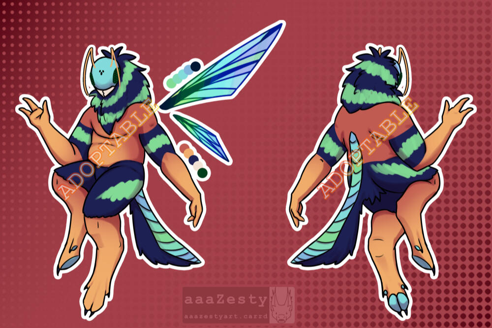 A red, dark blue, and mint-green anthro wasp